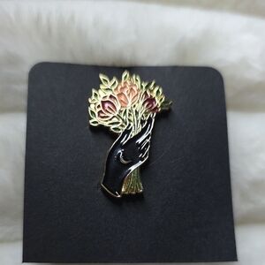 Source Unknown Black Hand Brooch with Pink & Green Flowers